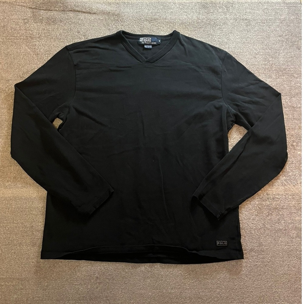 Polo Ralph Lauren Mens V-Neck Long Sleeve T-Shirt Black Cotton Size M Preppy